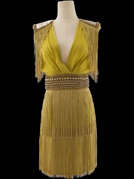 excellent elisabetta franchi yellow viscose dress size m with fringe