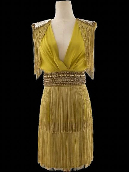 Excellent Elisabetta Franchi Yellow Viscose Dress Size M with Fringe
