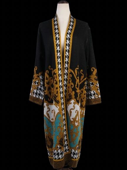 new max sport long wool cardigan black gold turquoise houndstooth women