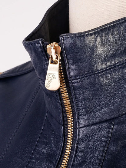 Versace Blue Leather Jacket Women Size XS Excellent Condition