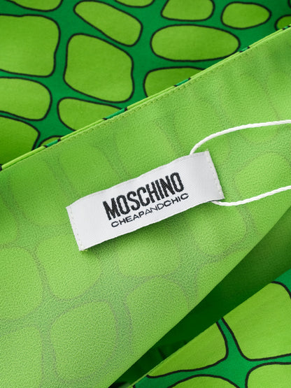 Excellent Moschino Green Silk Long Dress Size L V-Neck Geometric Pattern