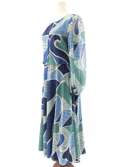 Excellent Marella Long-Sleeved Dress Blue Green Abstract Size L