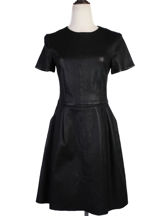 Excellent Punto Black Leather Short-Sleeve Dress Size M