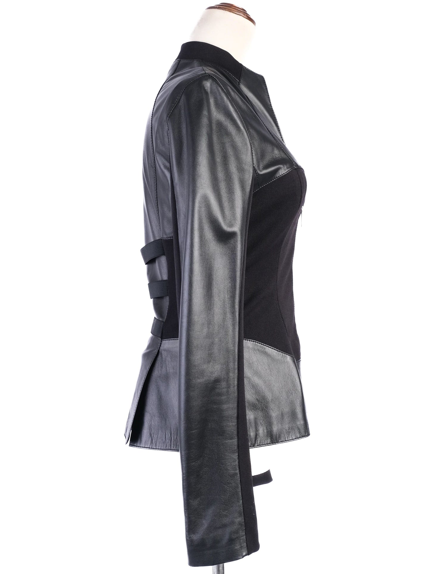 excellent versus black leather jacket with fabric accents size l