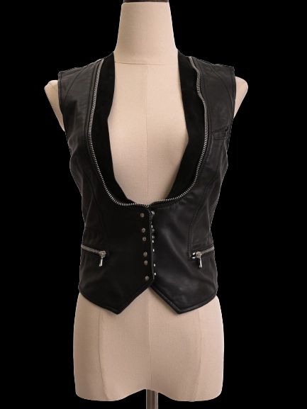 Excellent Balmain Black Leather Vest XS with Zipper Details