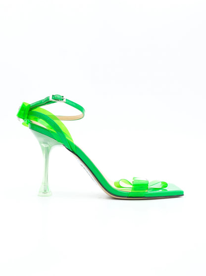 Excellent Green Leather High-Heeled Sandals Size 39 with Bows