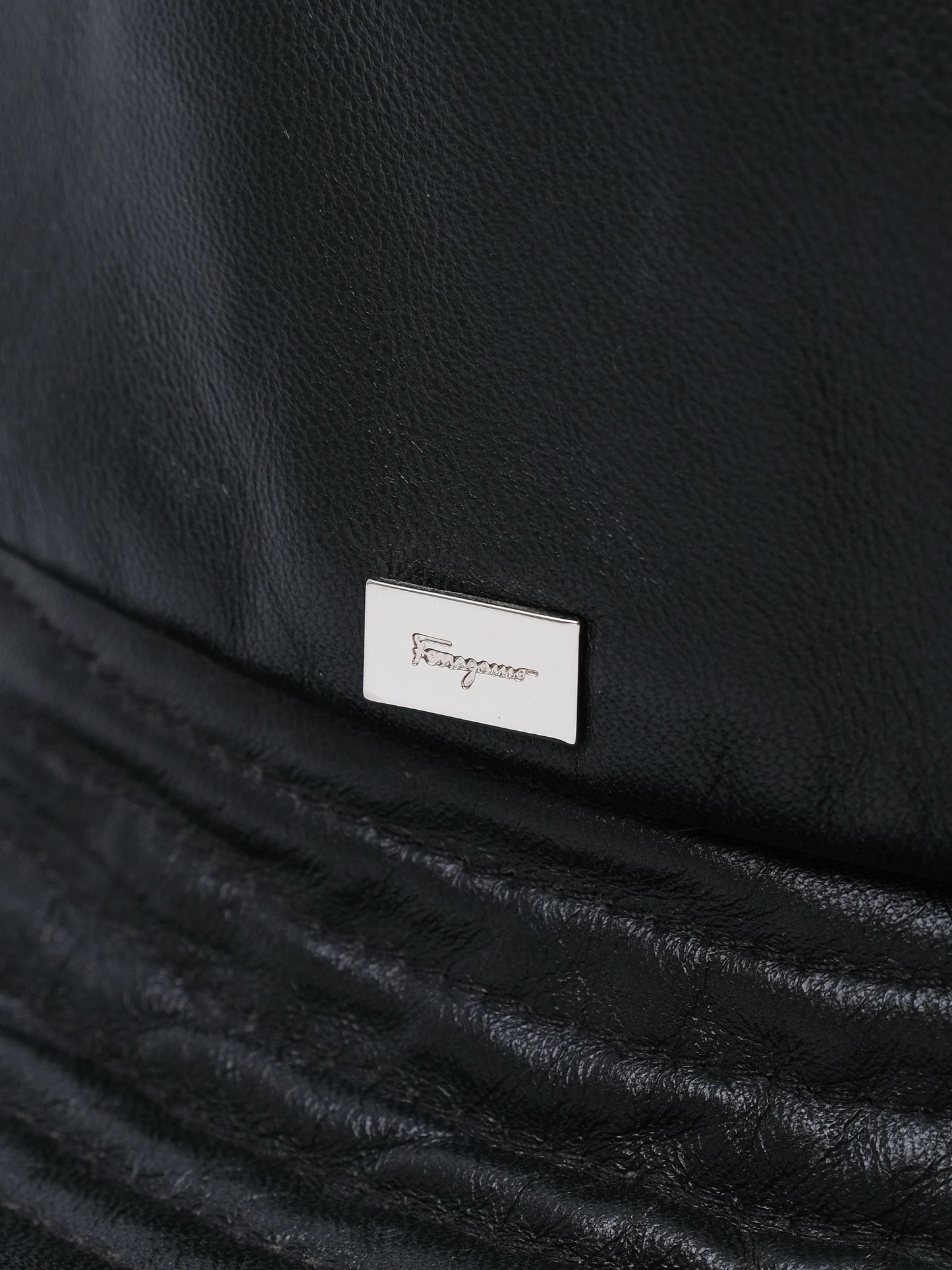 new salvatore ferragamo black leather bucket hat size m