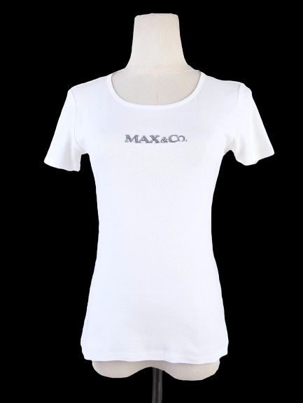 EXCELLENT MaxCo White Cotton T-Shirt Size XS with Decorative Print