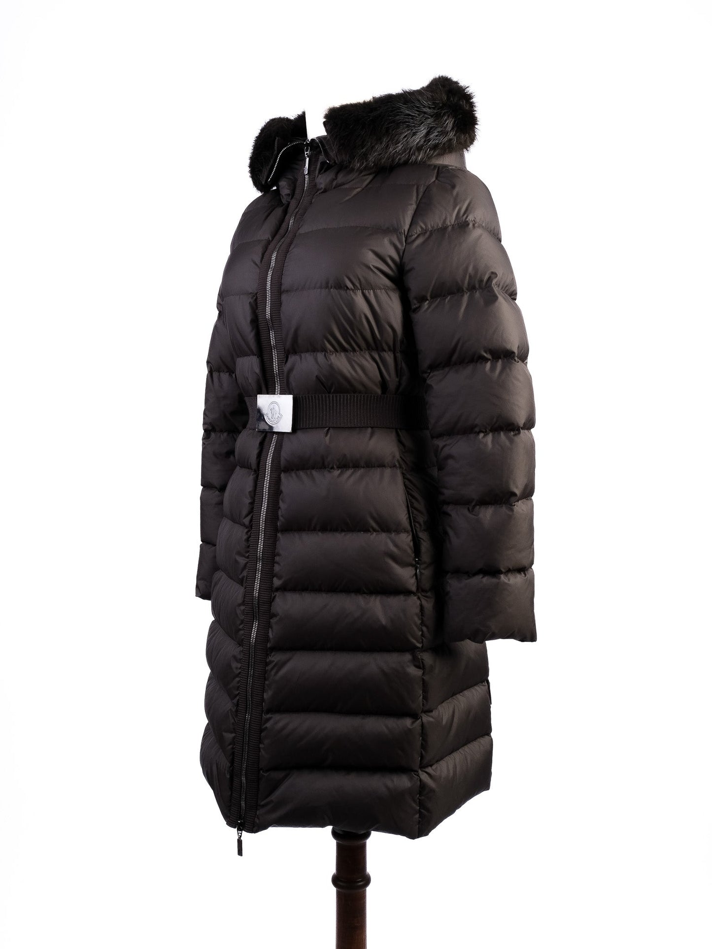 excellent moncler green long puffer jacket size xs with fur hood