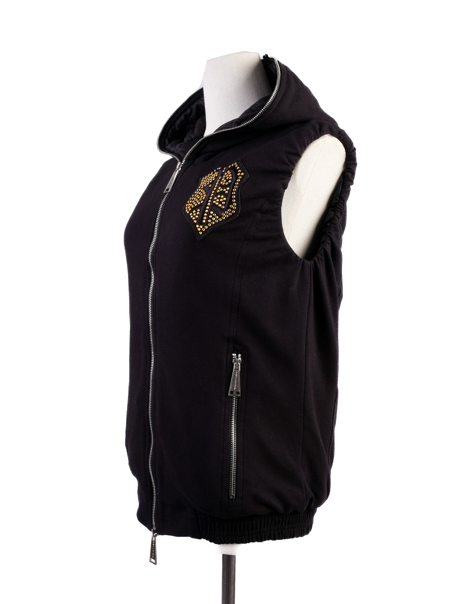 excellent phillipp plein black sleeveless hoodie with embellished crest