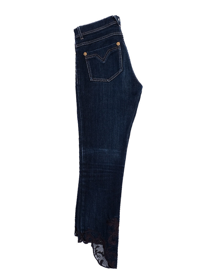 versace women's dark blue jeans with lace embroidery size s