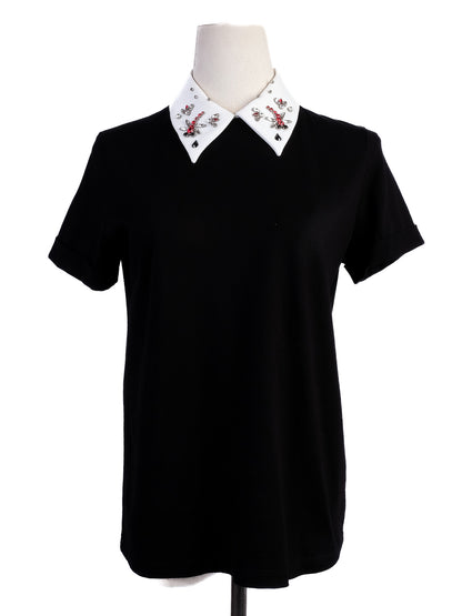 Excellent Maje Black Short-Sleeved Shirt with Embroidered Collar