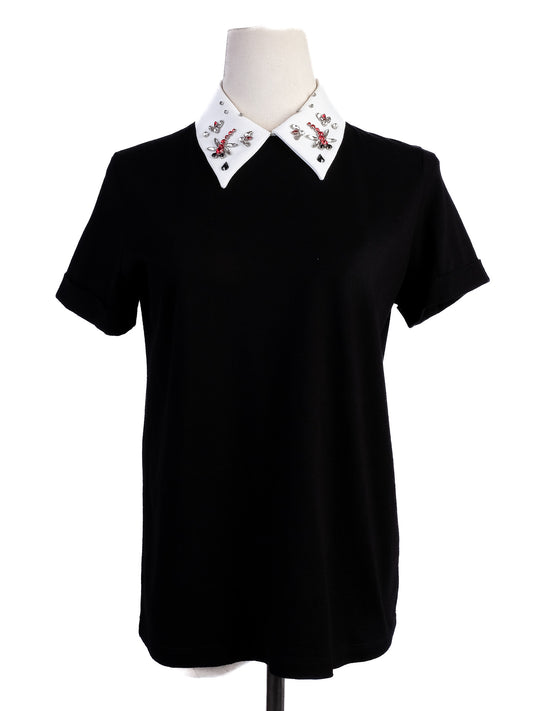 Excellent Maje Black Short-Sleeved Shirt with Embroidered Collar
