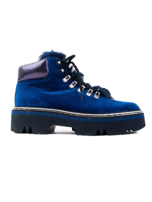 Perfect Pollini Blue Velvet Boots with Fur Trim Size 37