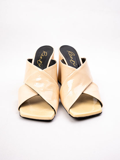 Excellent R&Renzi White Leather Mules with High Block Heel