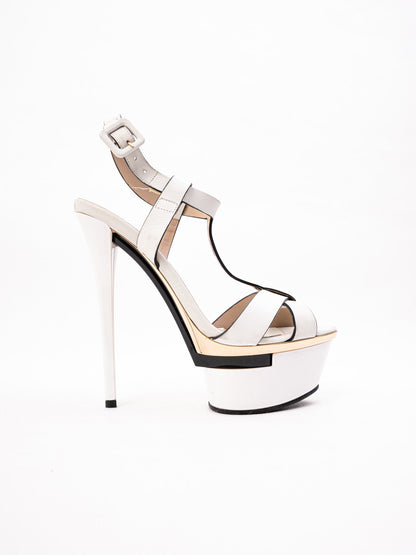 Lesilla White Leather High-Heeled Platform Sandals Size 37