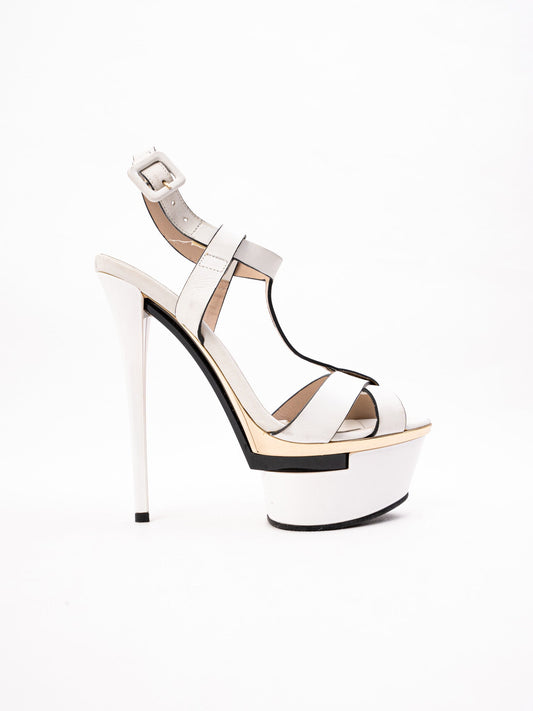Lesilla White Leather High-Heeled Platform Sandals Size 37
