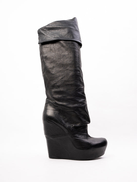 Perfect Vic Matie Black Leather High-Heeled Wedge Knee-High Boots Size 37