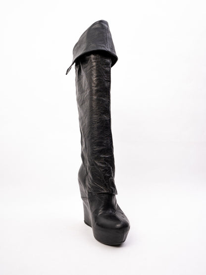 Perfect Vic Matie Black Leather High-Heeled Wedge Knee-High Boots Size 37