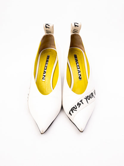 Good Baldan White High-Heeled Leather Shoes Size 36.5 with Unique Strap