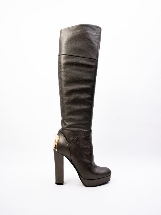 Excellent Baldan Gray Leather High-Heeled Boots Size 36
