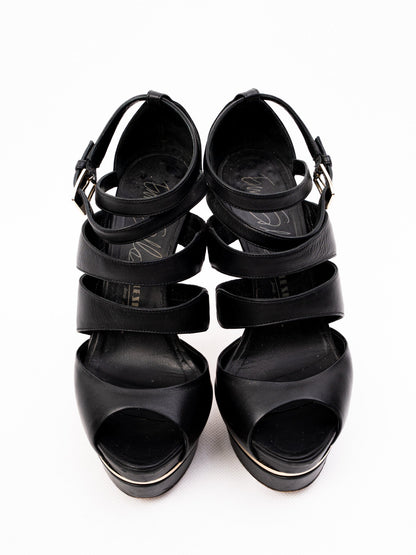 Excellent Lesilla Black Leather High-Heeled Platform Sandals Size 36.5