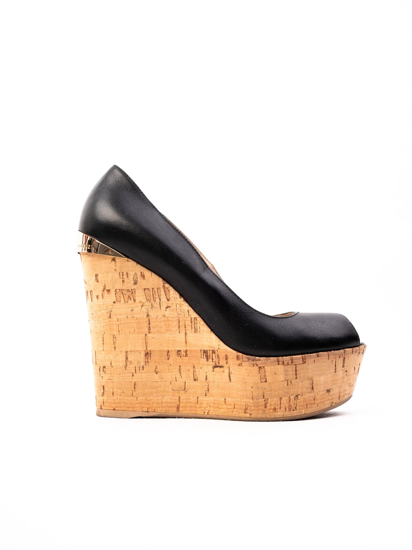 excellent r&renzi black leather wedge shoes size 36 with cork heels