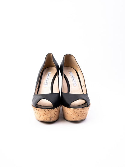Excellent R&Renzi Black Leather Wedge Shoes Size 36 with Cork Heels