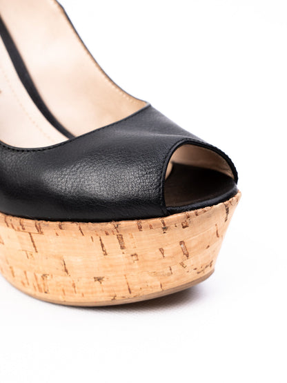 Excellent R&Renzi Black Leather Wedge Shoes Size 36 with Cork Heels