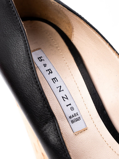 Excellent R&Renzi Black Leather Wedge Shoes Size 36 with Cork Heels