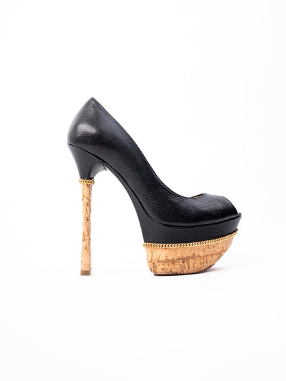 Excellent Gianmarco Lorenzi Black Leather Peep-Toe Platform Shoes Size 36.5