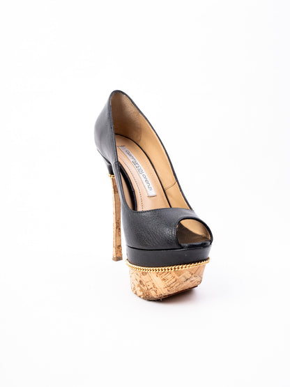Excellent Gianmarco Lorenzi Black Leather Peep-Toe Platform Shoes Size 36.5