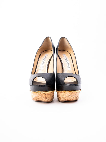 Excellent Gianmarco Lorenzi Black Leather Peep-Toe Platform Shoes Size 36.5