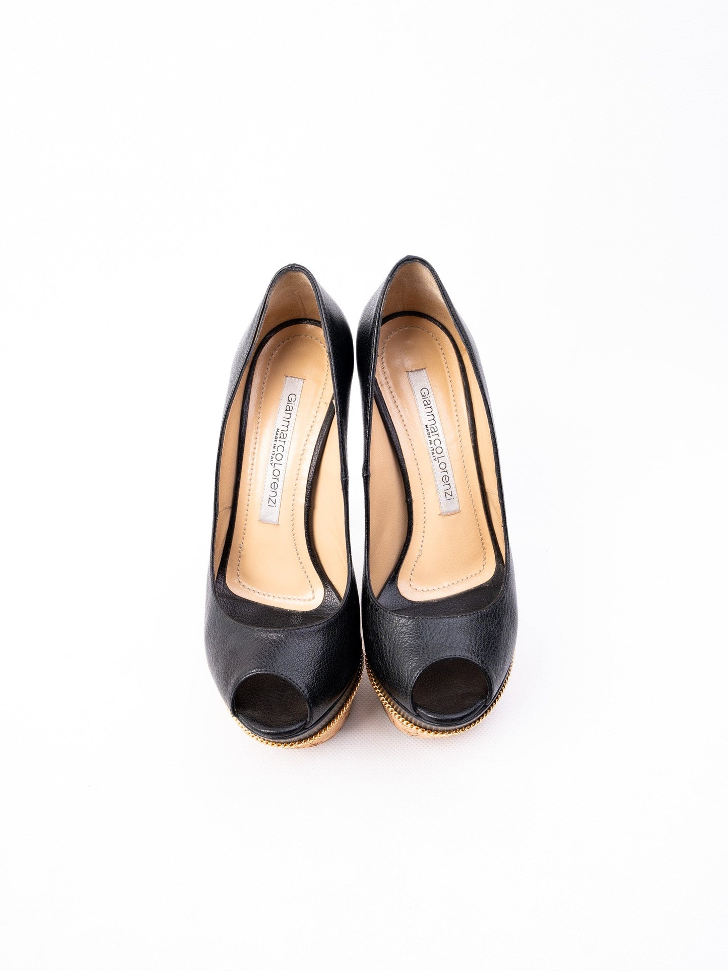 excellent gianmarco lorenzi black leather peep-toe platform shoes size 36.5