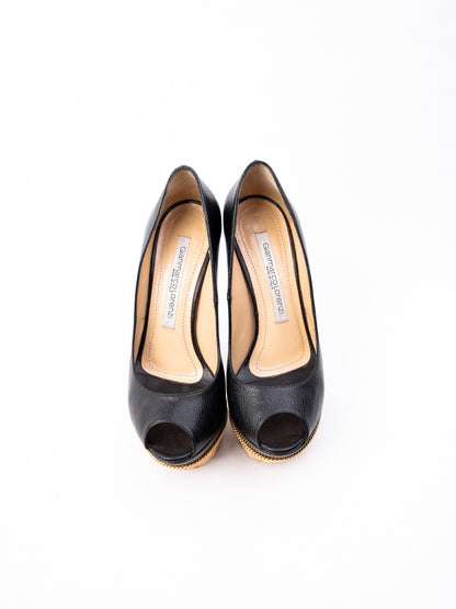 Excellent Gianmarco Lorenzi Black Leather Peep-Toe Platform Shoes Size 36.5