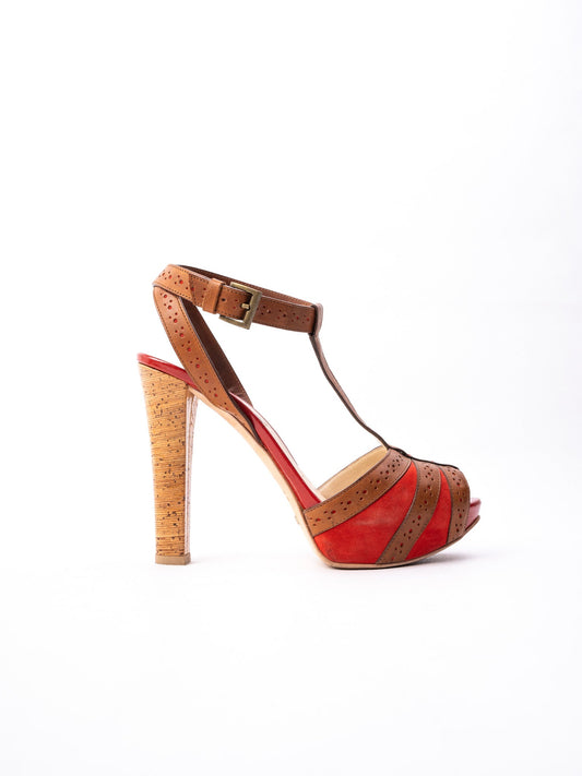 Excellent Greymer High-Heeled Sandals Leather Size 37 Red Brown