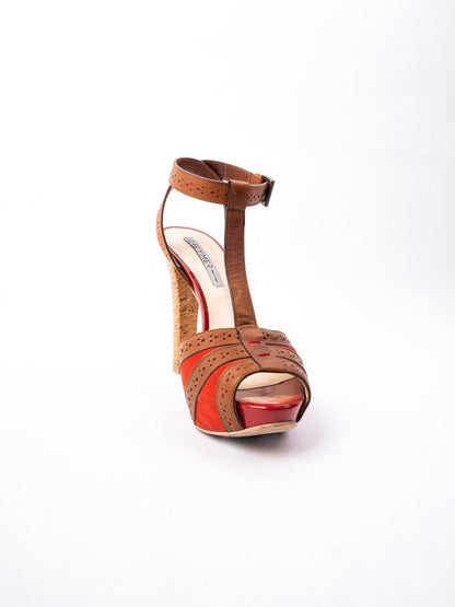 Excellent Greymer High-Heeled Sandals Leather Size 37 Red Brown