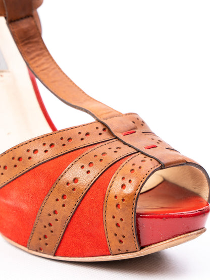 Excellent Greymer High-Heeled Sandals Leather Size 37 Red Brown