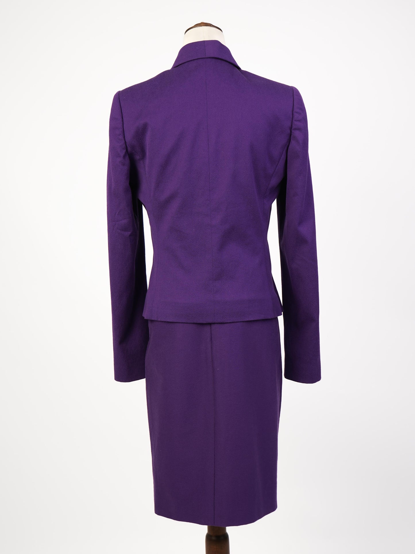 excellent versace women’s purple cotton suit size m blazer & skirt