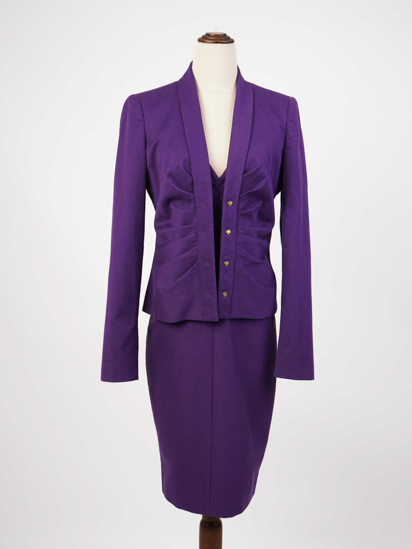 excellent versace women’s purple cotton suit size m blazer & skirt