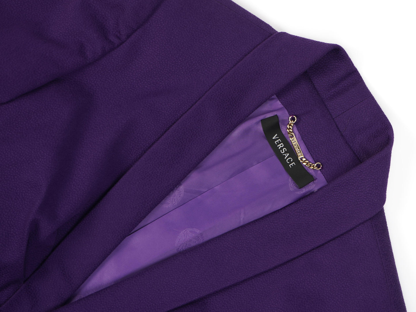 excellent versace women’s purple cotton suit size m blazer & skirt