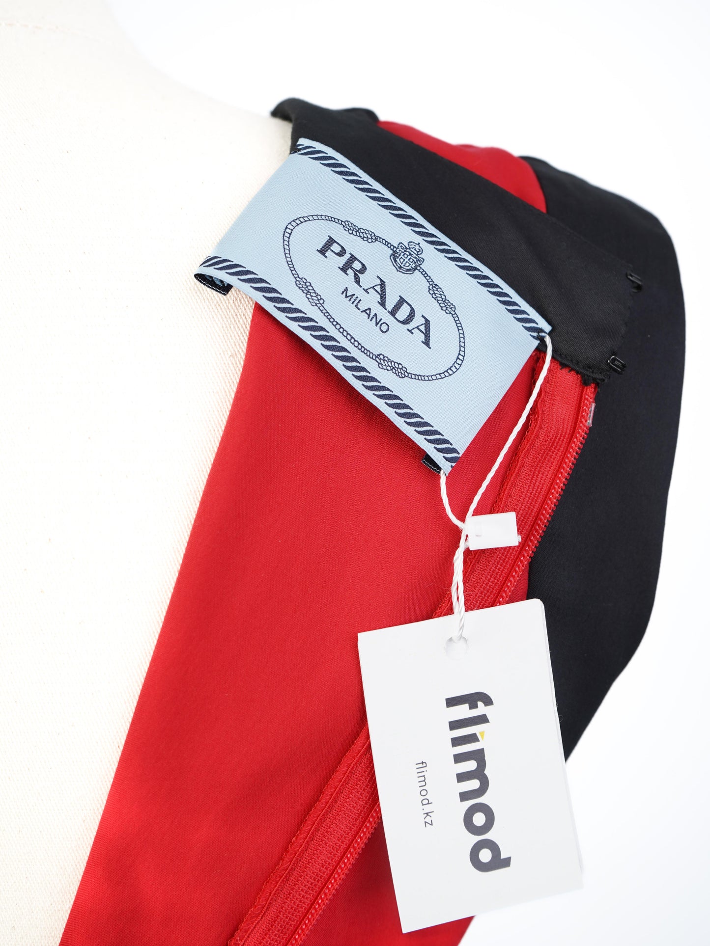 excellent prada red sleeveless dress with black trim and accents