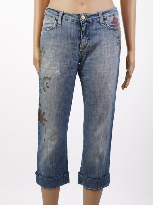 Excellent Versace Jeans Floral Embroidery Blue Cotton Capri Pants M