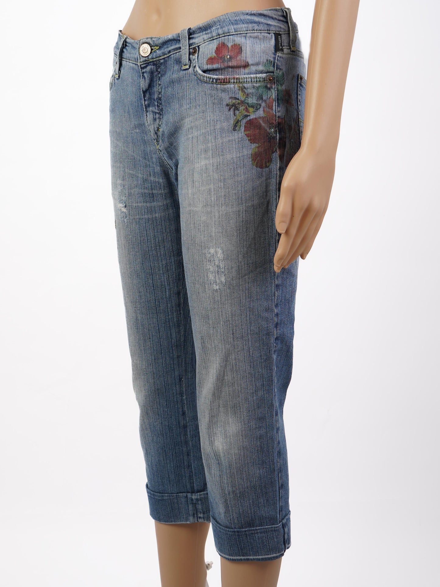 excellent versace jeans floral embroidery blue cotton capri pants m