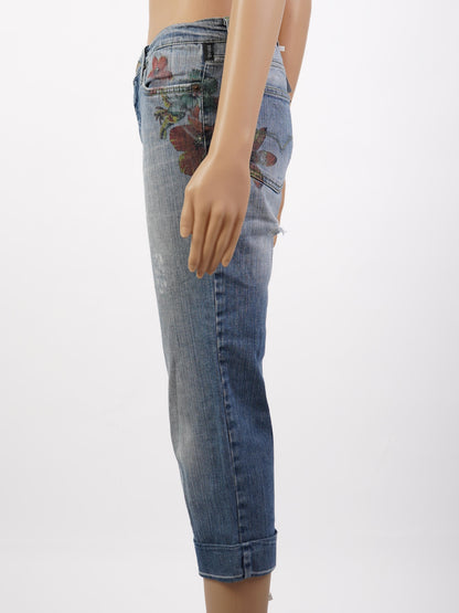 Excellent Versace Jeans Floral Embroidery Blue Cotton Capri Pants M