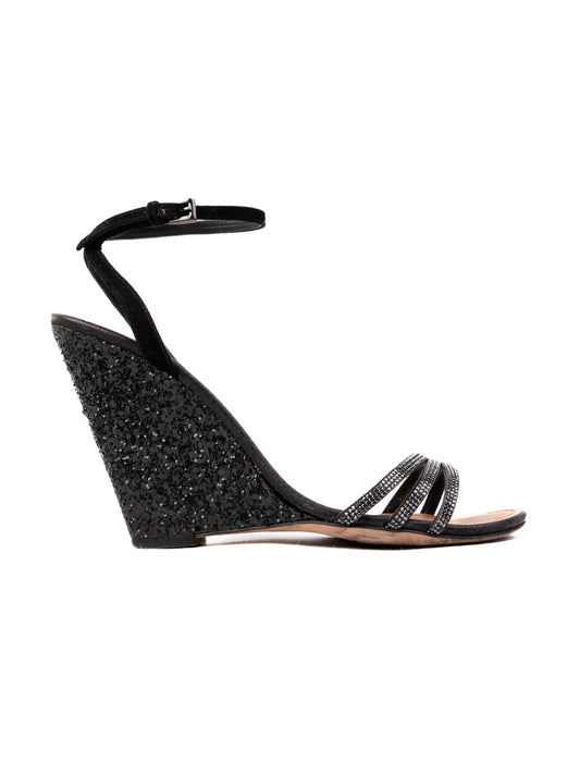 Sebastian Black Leather Wedge Sandals with Glitter Size 37