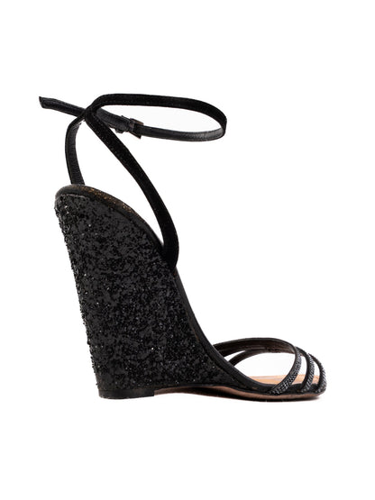 Sebastian Black Leather Wedge Sandals with Glitter Size 37