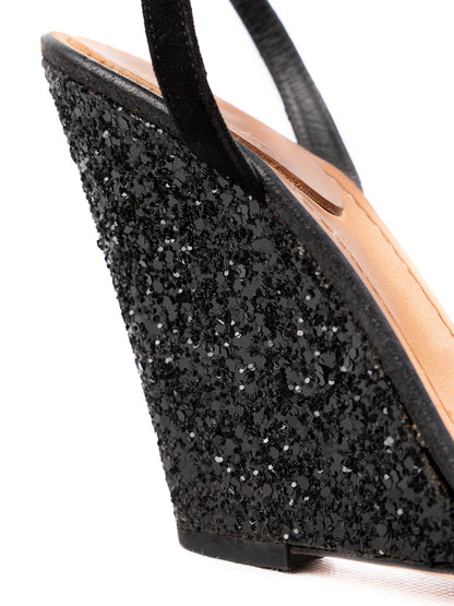 Sebastian Black Leather Wedge Sandals with Glitter Size 37