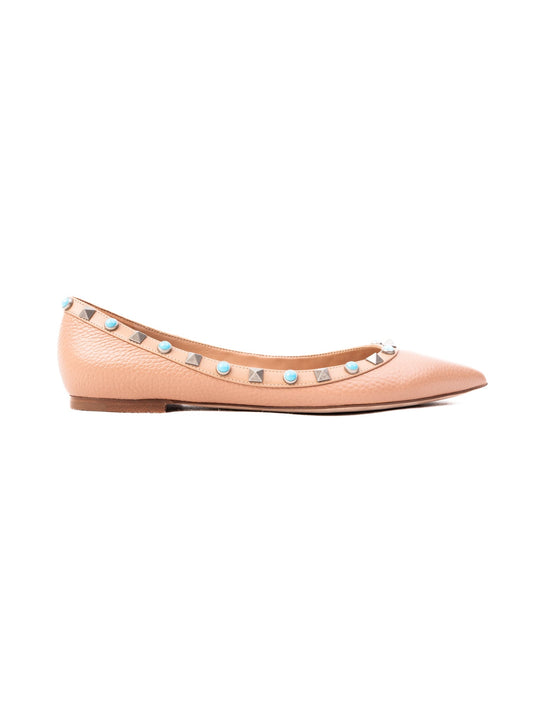 Perfect Valentino Pink Leather Pointed-Toe Flats with Studs