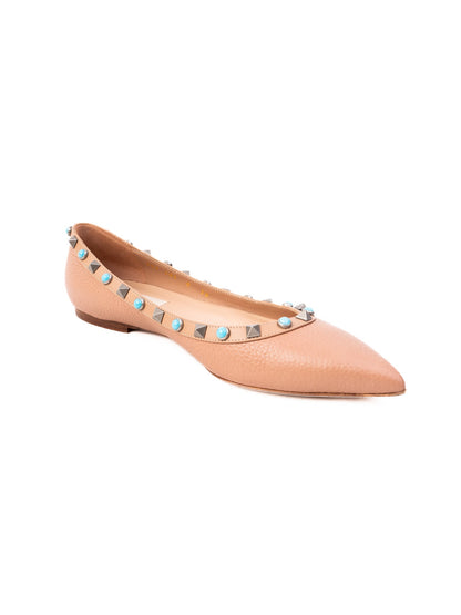Perfect Valentino Pink Leather Pointed-Toe Flats with Studs
